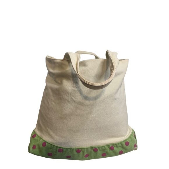 Embroidered Palm Tree Crescent Canvas Tote Bag Green Polka Dot Lining & Handles - Picture 2 of 6